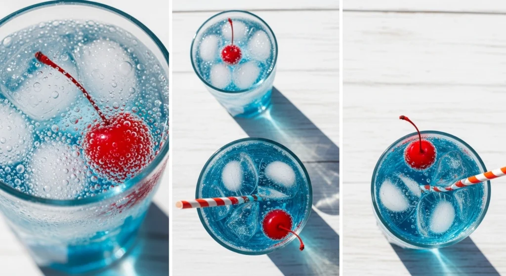 A perfectly refreshing glass of sugar-free Ocean Water sitting in natural summer sunlight, featuring bright blue coconut and Sprite soda over ice with a cherry on top.