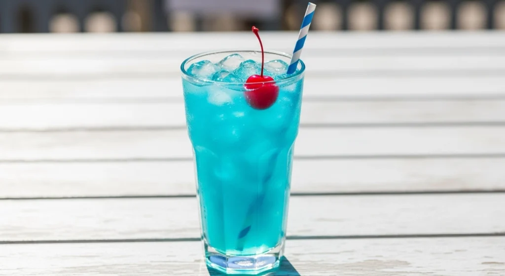frosty glass of Sprite and coconut syrup drink filled to the brim with clear pebble ice and bright blue soda, ready to be enjoyed on a warm patio.