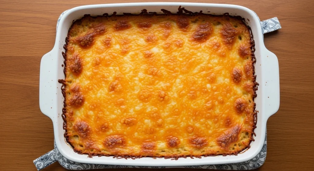 A direct overhead shot of a freshly baked Soul Food Baked Mac and Cheese in a white ceramic dish, showcasing a perfectly even, bubbly, golden-brown roasted cheese crust sitting on a warm wooden dining table.