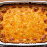 A direct overhead shot of a freshly baked Soul Food Baked Mac and Cheese in a white ceramic dish, showcasing a perfectly even, bubbly, golden-brown roasted cheese crust sitting on a warm wooden dining table.