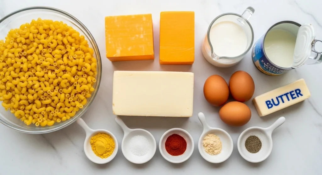 A brightly lit overhead flat lay of the fresh ingredients needed for Soul Food Baked Mac and Cheese on a white marble counter, featuring dry elbow macaroni, thick blocks of cheddar and mozzarella cheese, eggs, evaporated milk, cream, butter, and vibrant spices.