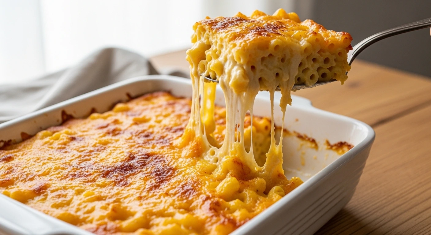 A mouth-watering close-up shot of a silver serving spoon lifting a hot slice of Soul Food Baked Mac and Cheese from a white baking dish, revealing an epic, stretchy cheese pull and a creamy interior beneath a crispy baked crust.