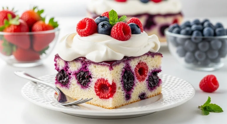 A perfectly sliced square of Summer Berry Poke Cake on a white plate, revealing a beautiful red white and blue dessert with vibrant berry sauce stripes hidden inside the moist cake.