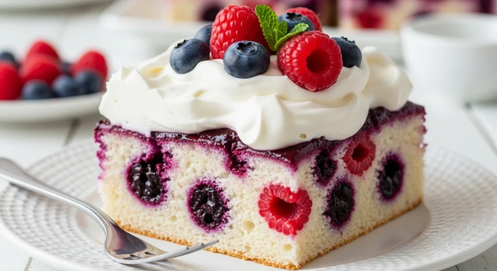 A close-up, appetizing shot of a thick slice of triple berry poke cake featuring a lush cream cheese whipped cream topping and fresh blueberries, strawberries, and raspberries.