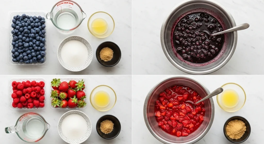 A four-step process collage showing how to make the fruit filling for an easy summer potluck cake, featuring fresh blueberries, strawberries, and raspberries simmering in metal bowls.