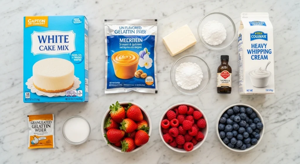 An overhead flat-lay photo displaying the fresh ingredients to make a patriotic dessert recipe, including a box of white cake mix, fresh berries, unflavored gelatin powder, and heavy whipping cream on a marble counter.