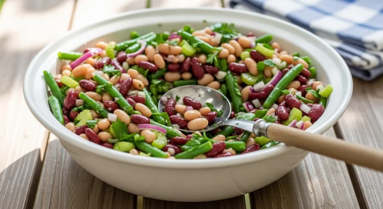 A candid, bright photo of a large white bowl overflowing with a classic three bean salad recipe, featuring fresh green beans, white beans, and kidney beans on a rustic wooden picnic table.
