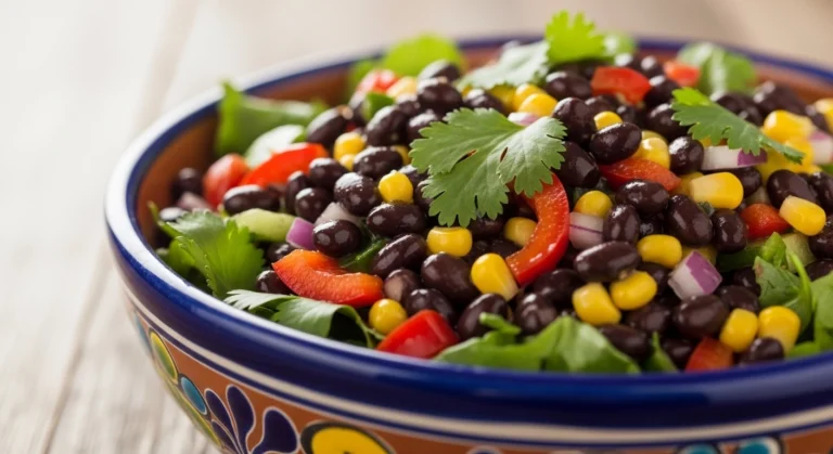 A close-up view of an authentic Mexican black bean salad served in a decorative ceramic bowl, packed with sweet corn, juicy tomatoes, red bell peppers, and topped with a fresh cilantro sprig.