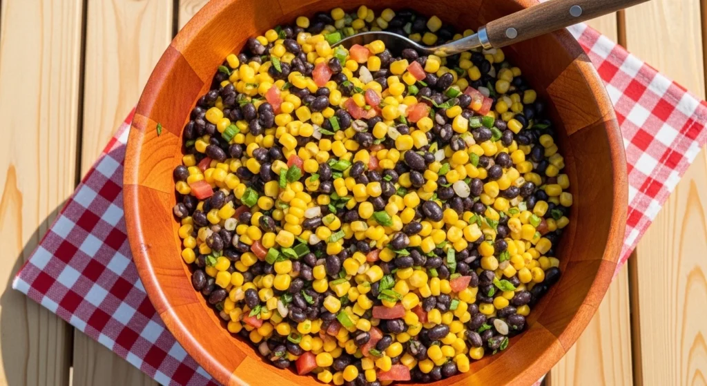 A large wooden bowl filled with a fresh black bean and corn salad resting on a red and white checkered napkin on a sunny outdoor picnic table.