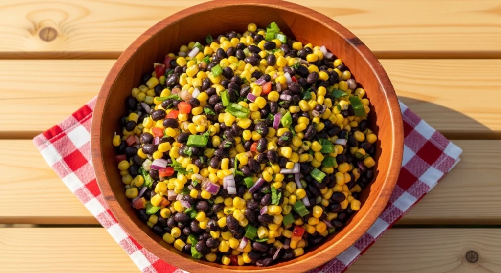An overhead shot of an easy corn salad with feta, black beans, and diced veggies sitting on a wooden patio table, making it the perfect BBQ side dish recipe for summer cookouts.