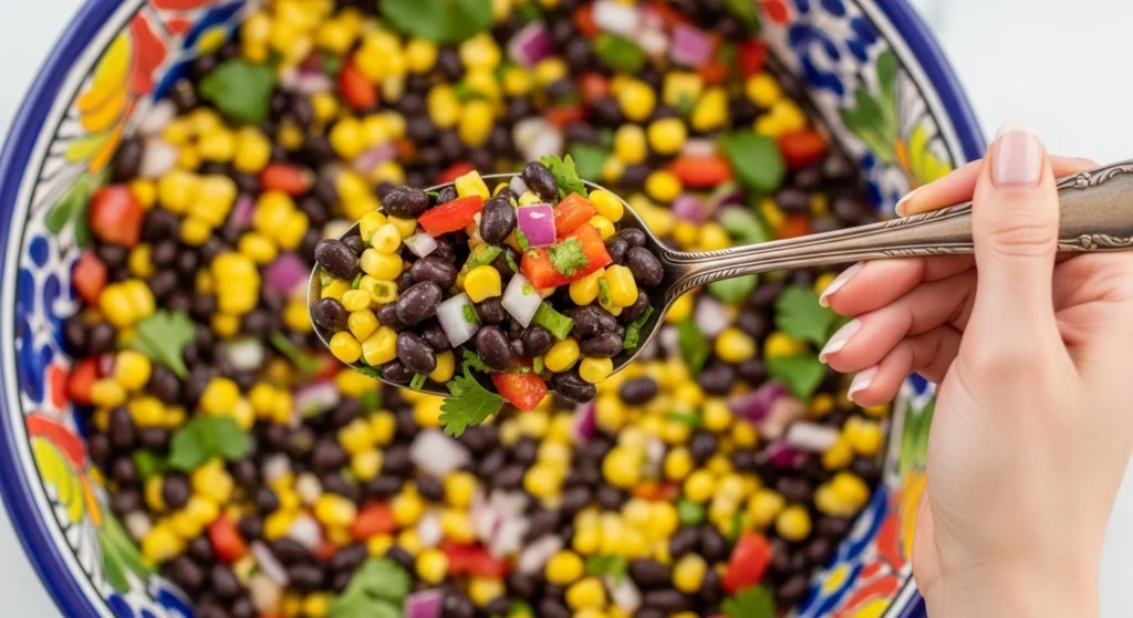 A hand holding a silver spoon loaded with a perfect bite of fresh black bean and corn salad over a colorful serving bowl, showcasing one of the easiest and most delicious canned black bean recipes.