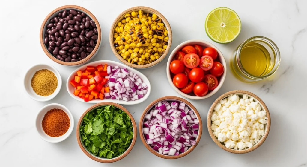 A bright overhead flat lay showing the fresh ingredients for a summer bean salad recipe on a white marble counter, including canned black beans, charred corn, cherry tomatoes, red onion, fresh cilantro, feta cheese, and spices.