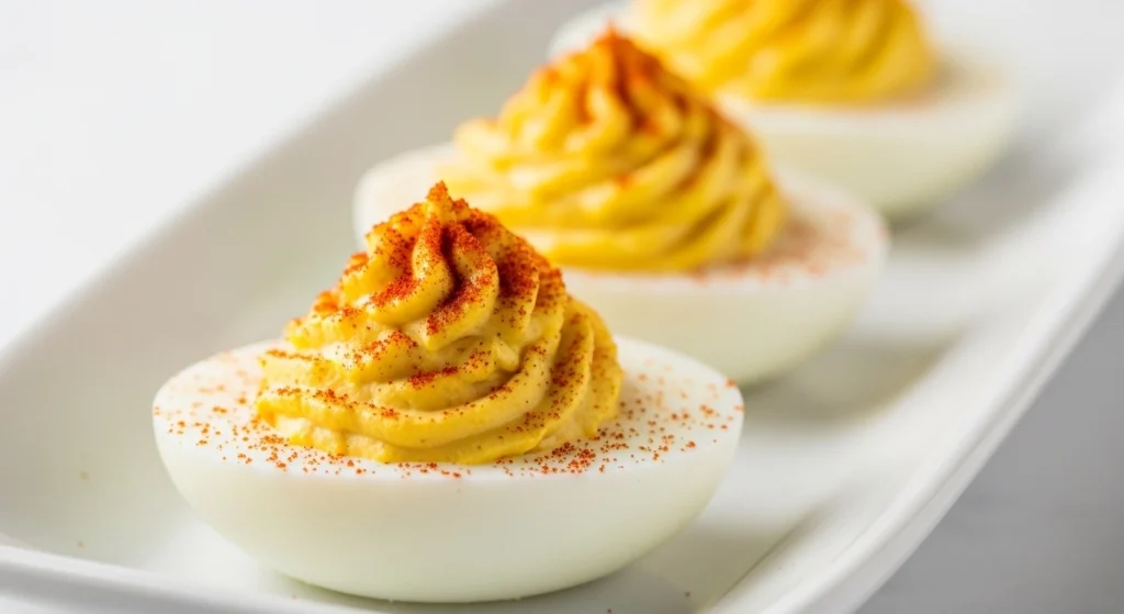 A close-up of classic deviled eggs lined up on a white plate, showcasing a perfectly smooth, creamy piped yolk filling dusted with bright red paprika.