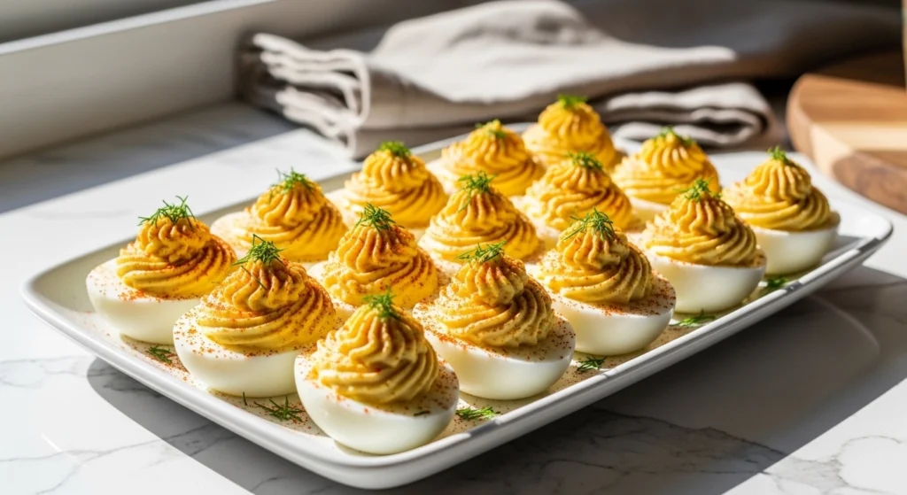 A white ceramic platter filled with two dozen classic deviled eggs, beautifully piped and garnished with fresh dill and paprika, sitting on a sunlit kitchen counter.