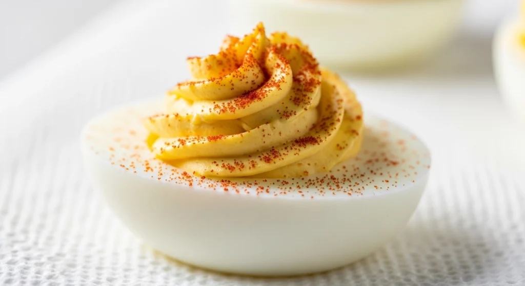 A macro close-up of a single classic deviled egg resting on a white surface, highlighting the velvety, luxurious texture of the piped filling and granular paprika dust.