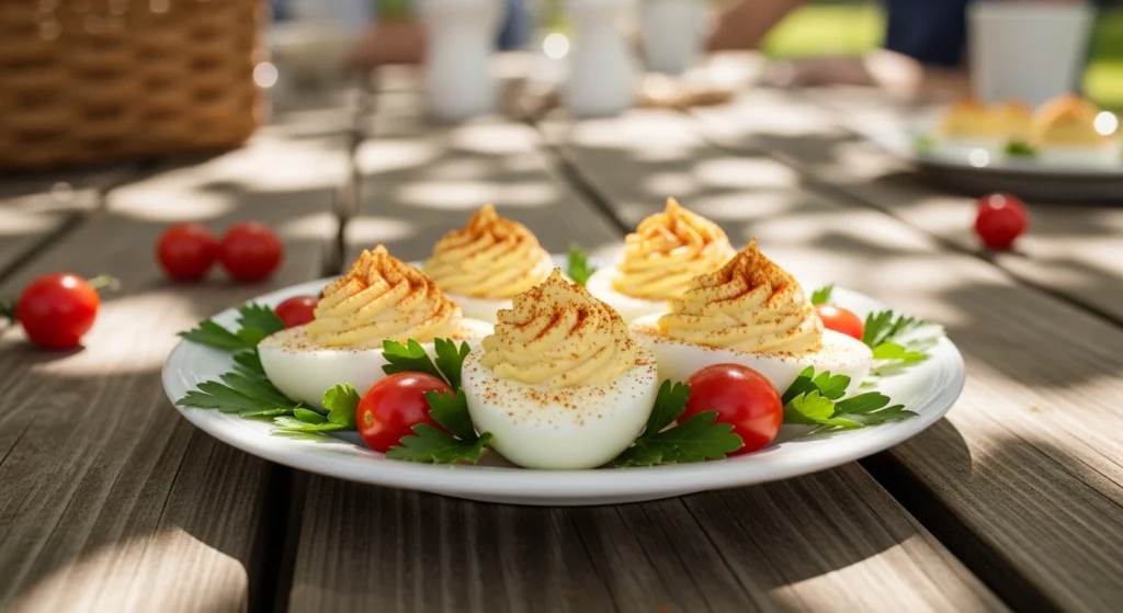 A plate of classic deviled eggs garnished with fresh green parsley and vibrant cherry tomatoes, sitting on a rustic wooden picnic table under warm summer sunlight.