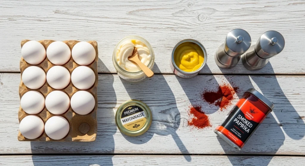 An overhead flat lay of ingredients for making classic deviled eggs on a whitewashed wooden table, featuring a carton of eggs, jars of mayonnaise and mustard, salt, pepper, and smoked paprika.