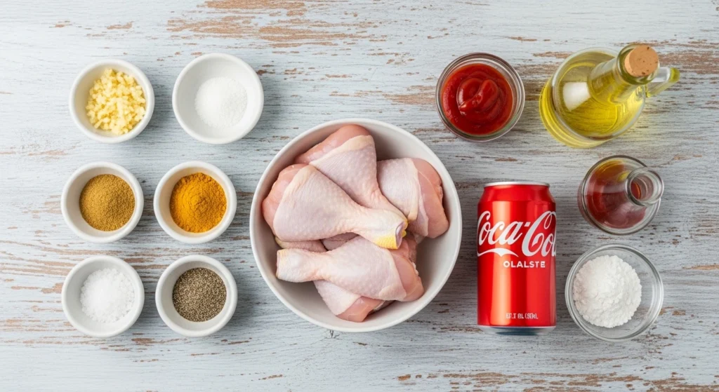 An overhead flat lay of fresh ingredients for classic Latin American chicken recipes, including raw drumsticks, a can of classic soda, ketchup, and spices to make a homemade aliño seasoning on a light wood table.