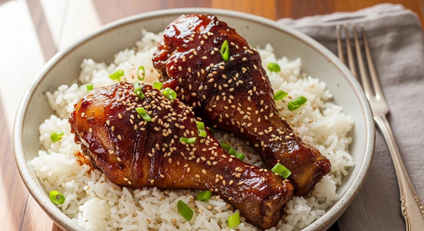 Two plump, sweet and savory chicken drumsticks coated in a beautiful dark glaze, sprinkled with toasted sesame seeds and green onions, served over a bed of fluffy white rice. This sticky Coca Cola chicken is the perfect comfort food.