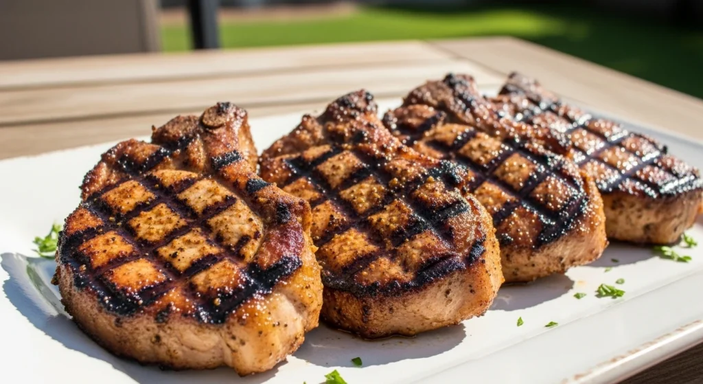 Four thick-cut, juicy grilled pork chops with prominent crosshatch grill marks on a white ceramic platter, resting outdoors on a sunny wooden table.