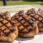 Four thick-cut, juicy grilled pork chops with prominent crosshatch grill marks on a white ceramic platter, resting outdoors on a sunny wooden table.