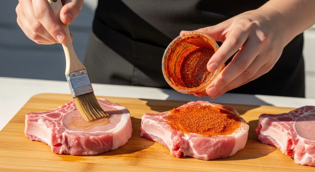 A person's hands using a pastry brush to apply oil and generously sprinkling a sweet and savory BBQ dry rub onto raw, thick-cut bone-in pork chops on a wooden cutting board.
