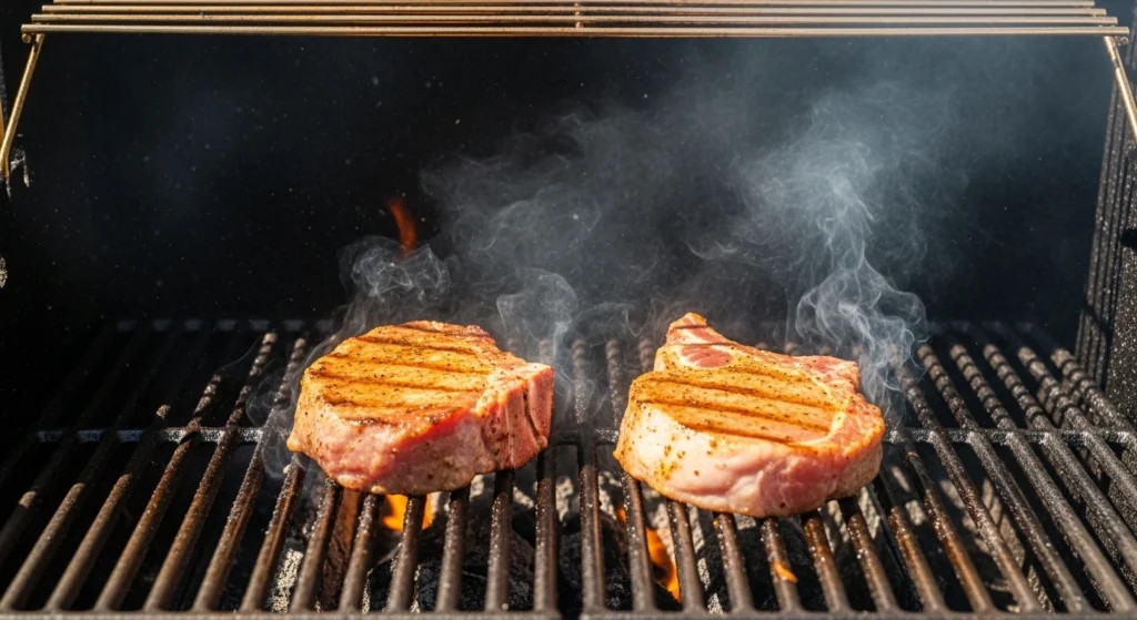 Two beautifully seasoned bone-in grilled pork chops sizzling on a hot gas grill with flavorful smoke rising, cooking in bright natural sunlight.
