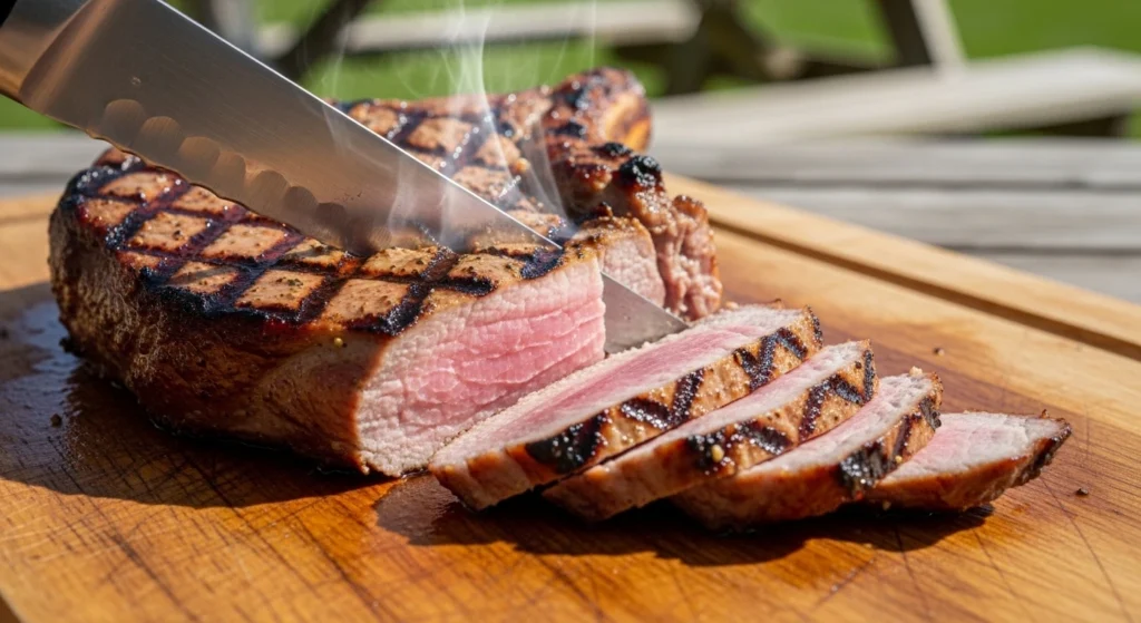 A close-up of a hand inserting a digital meat thermometer into a thick grilled pork chop, reading exactly 140 degrees Fahrenheit to ensure perfectly juicy meat.