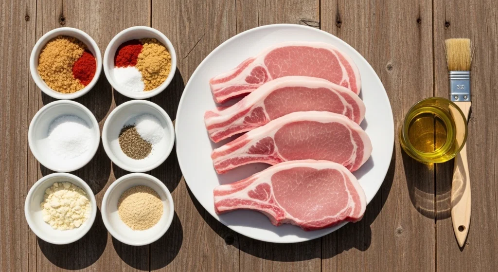 An overhead view of ingredients for grilled pork chops on a rustic wooden table, featuring four raw pork chops on a white plate surrounded by small bowls of paprika, brown sugar, mustard, and other spices.