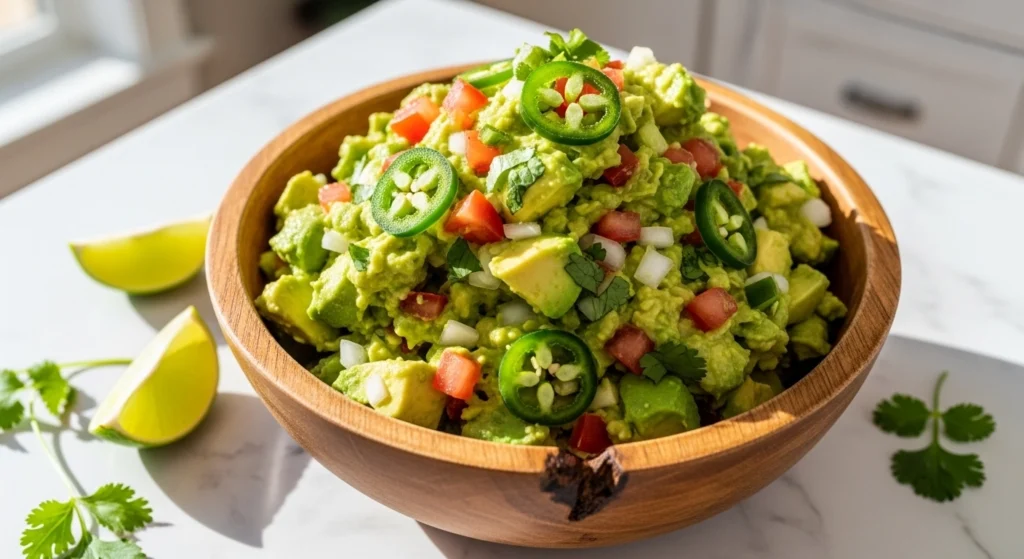 A large rustic wooden bowl filled with an easy homemade guacamole recipe, featuring perfectly chunky avocado, jalapeño slices, and diced tomatoes on a sunny kitchen counter.