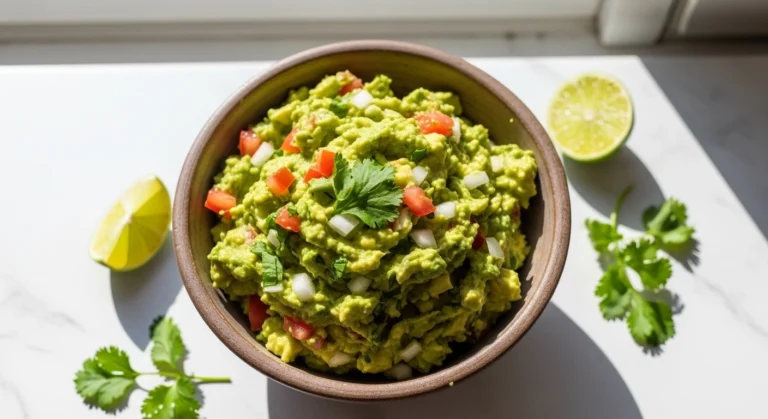 A close-up of traditional Mexican guacamole showing a rich, chunky texture, resting on a white marble surface next to a fresh lime wedge.