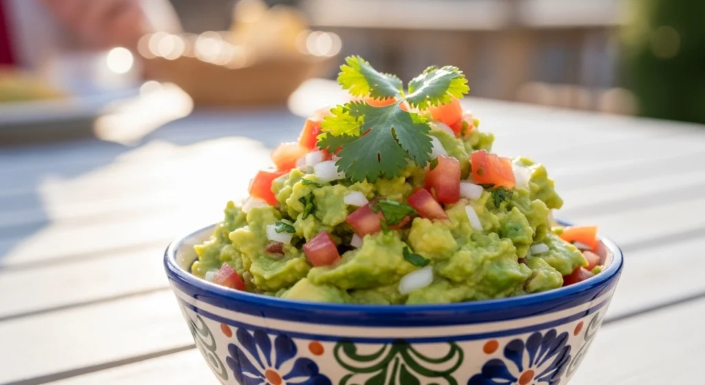 A beautiful blue and white patterned Mexican bowl overflowing with fresh guacamole with fresh tomatoes, onions, and cilantro, sitting on an outdoor patio table.