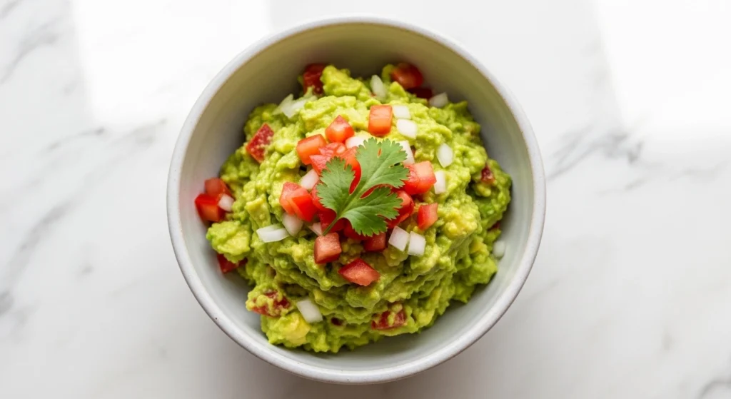 A clean, top-down view showing how to make guacamole from scratch, served in a minimalist ceramic bowl on a marble countertop and garnished with colorful diced tomatoes.