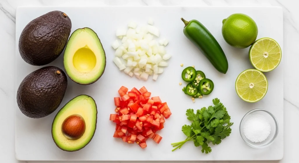 A bright overhead layout of the best guacamole ingredients on a white marble board, including fresh avocados, diced white onion, Roma tomatoes, jalapeños, limes, cilantro, and kosher salt.