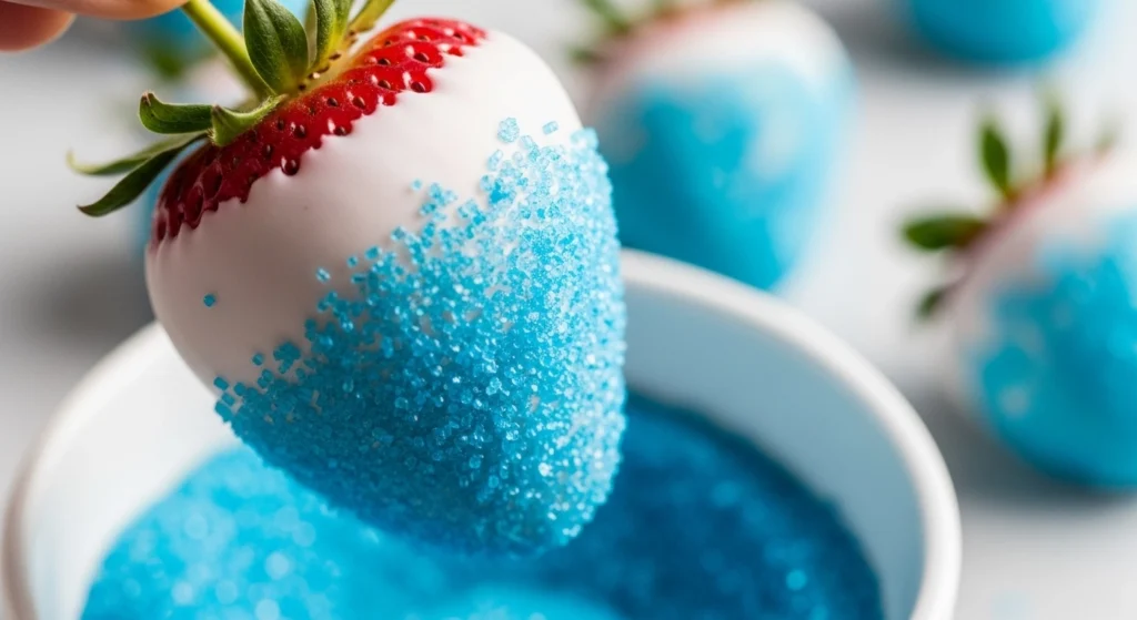 A bright, appetizing photograph of a white plate filled with gorgeous patriotic fruit desserts, featuring fresh red strawberries dipped in creamy white chocolate and bright blue sugar, sitting next to a festive American flag napkin.