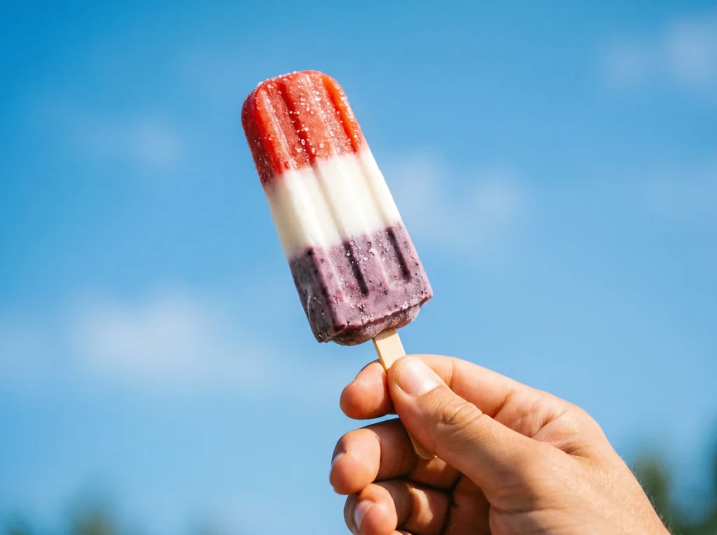 A stunning macro close-up of a Firecracker Popsicle resting on a wooden surface, highlighting the icy textures and tiny melting water droplets across the vivid red, white, and blue layers.