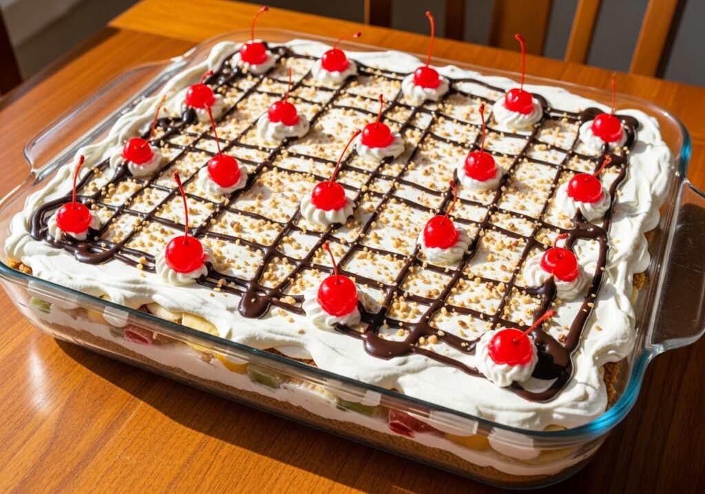 direct overhead shot of a fully assembled No Bake Banana Split Dessert in a rectangular glass baking dish, topped with fluffy whipped cream, a beautiful lattice of chocolate syrup, chopped walnuts, and bright red maraschino cherries.