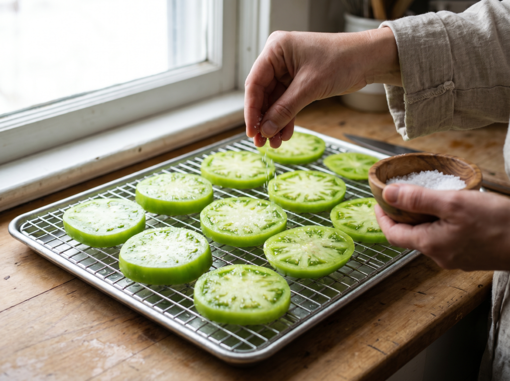 A candid, close-up shot of a hand sprinkling salt from a wooden bowl onto thick, vibrant green tomato slices resting on a wire rack to draw out moisture.