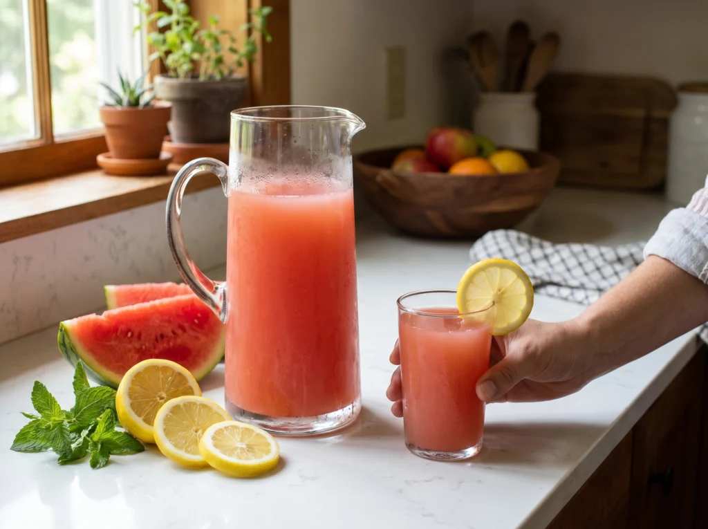 A hand holding a cold glass of bright pink watermelon lemonade next to a large glass pitcher, surrounded by fresh sliced watermelon, lemons, and mint on a sunlit kitchen counter.