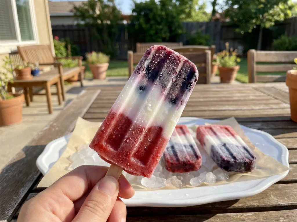 A hand holding a layered red, white, and blue popsicle over a white serving platter filled with crushed ice and extra popsicles, set on a sunny backyard patio table.