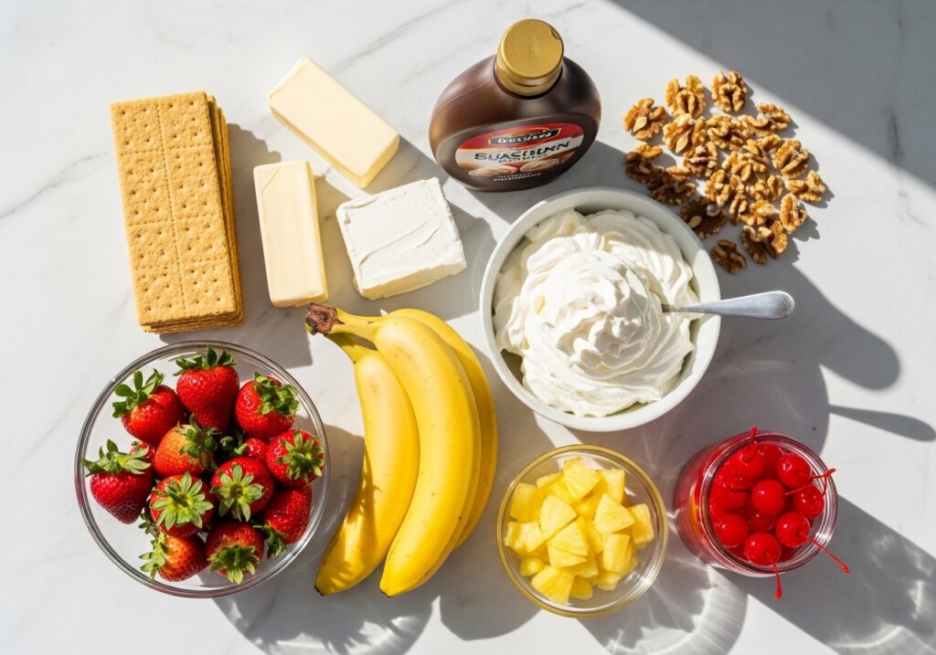 A bright overhead flat lay of fresh ingredients for a banana split dessert on a white marble counter, including graham crackers, cream cheese, butter, fresh bananas, strawberries, a bowl of whipped cream, and chocolate syrup.
