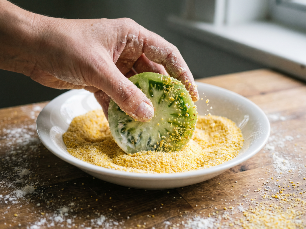 A close-up action shot of a flour-dusted hand pressing a wet green tomato slice into a shallow white bowl of golden cornmeal breading.