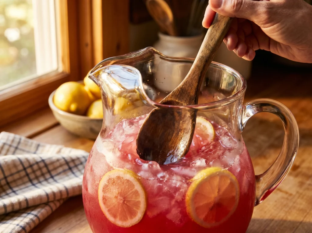 A close-up action shot of a hand using a long wooden spoon to vigorously stir a frosty glass pitcher filled with vibrant pink watermelon lemonade, ice cubes, and fresh lemon slices in a bright kitchen.