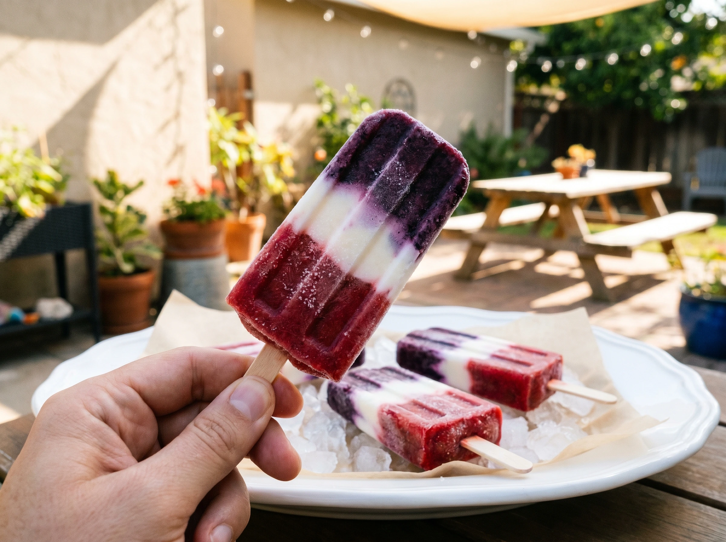 A casual shot of a hand holding up a freshly made red, white, and blue layered popsicle over a plate of ice, with a sunny outdoor patio and wooden picnic table softly blurred in the background.