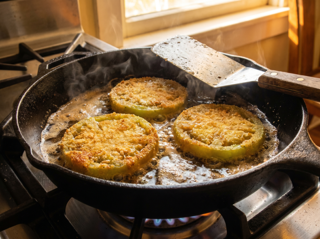 Three breaded green tomato slices sizzling in hot oil inside a black cast-iron skillet, with a vintage metal spatula resting on the edge.