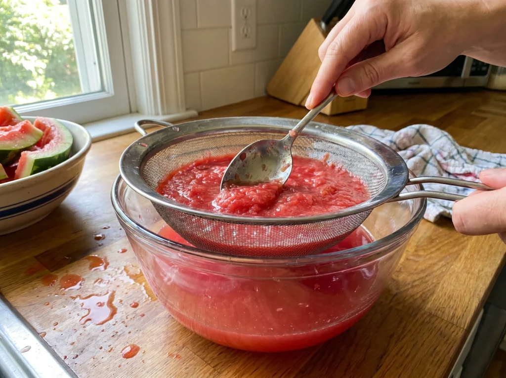 A candid kitchen shot of a hand using a silver spoon to press thick, blended red watermelon puree through a fine-mesh sieve into a clear glass bowl to make smooth, pulp-free watermelon lemonade.