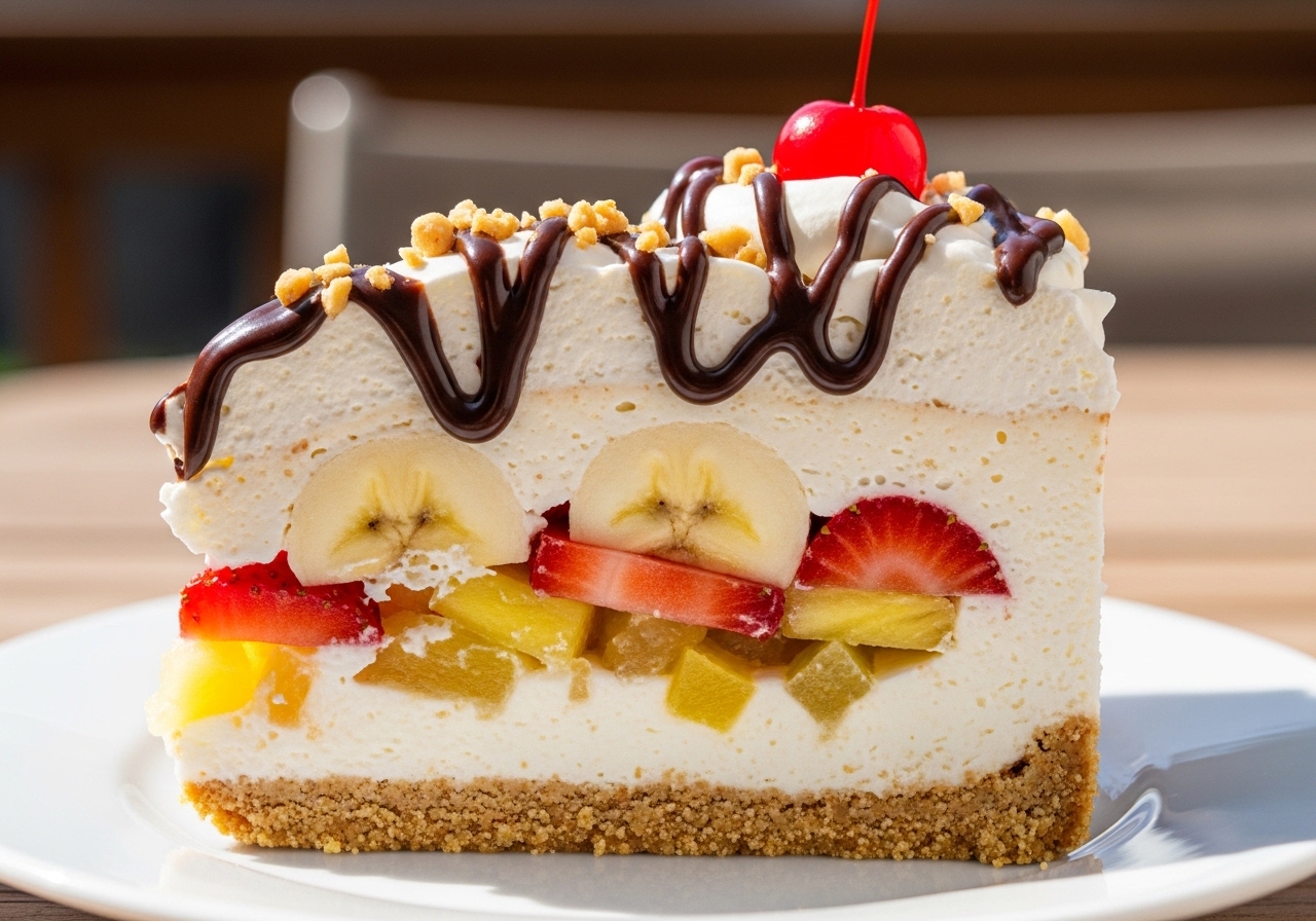 A direct overhead shot of a fully assembled No Bake Banana Split Dessert in a rectangular glass baking dish, topped with fluffy whipped cream, a beautiful lattice of chocolate syrup, chopped walnuts, and bright red maraschino cherries.