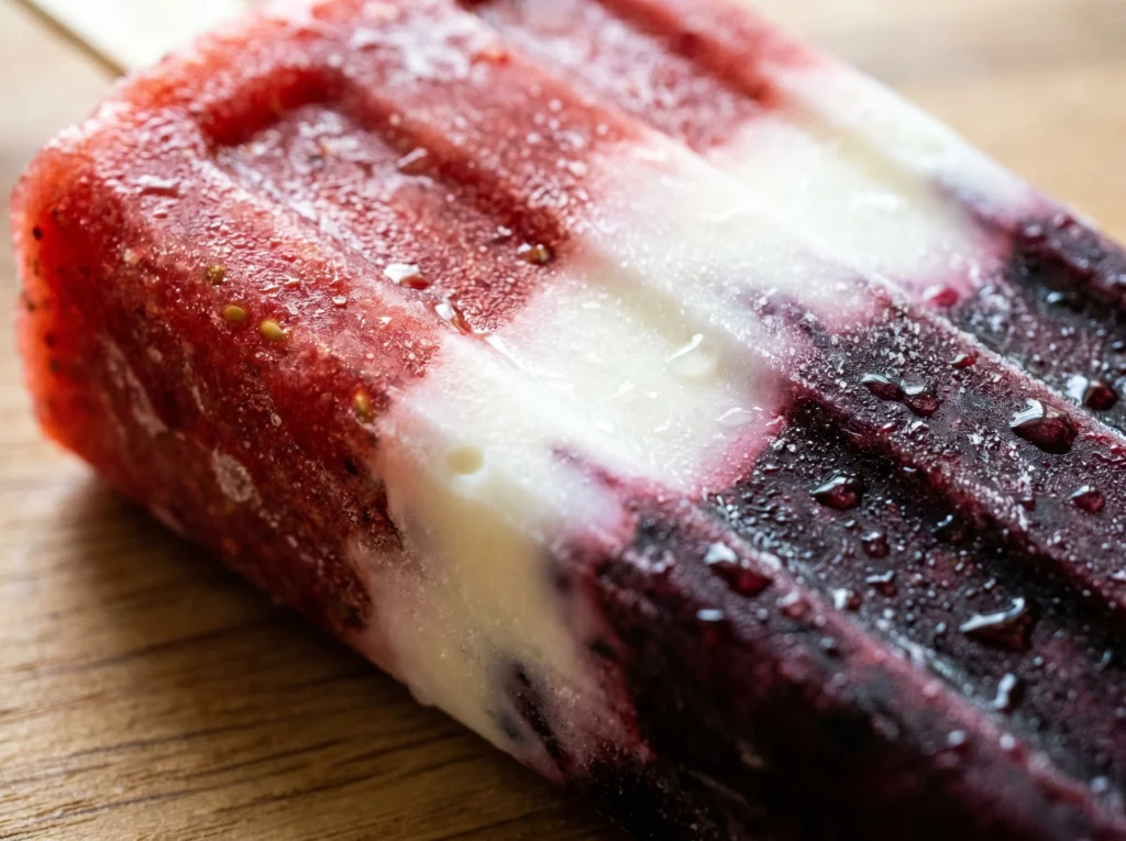 A close-up shot of a single homemade rocket pop resting on a cool marble board, showcasing the distinct layers of red strawberry, white yogurt, and blue fruit covered in a frosty sheen.