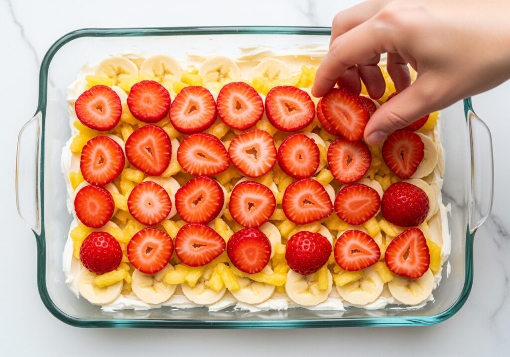 A candid, overhead action shot of a hand gently arranging fresh red strawberry slices over layers of yellow bananas, crushed pineapple, and cream cheese inside a glass baking dish.