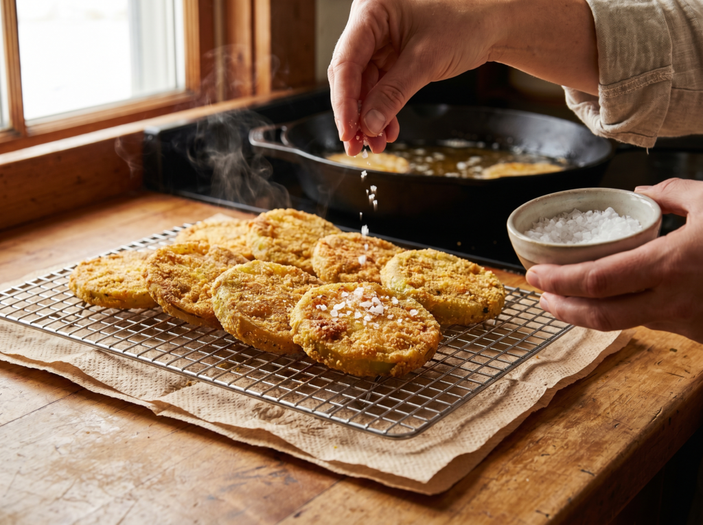 A hand sprinkling flaky sea salt over a row of hot, golden-brown fried green tomatoes resting on a wire cooling rack over brown paper.